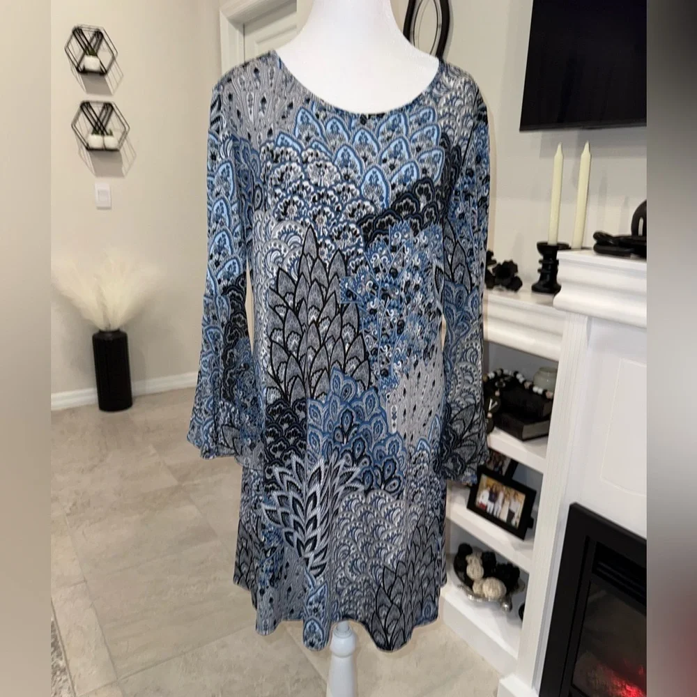 MSK Blue and Black Patterned Midi Dress Size Medium